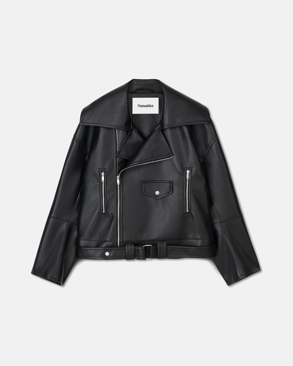 Blouson de motard pour homme en cuir régénéré noir avec accessoires argentés
