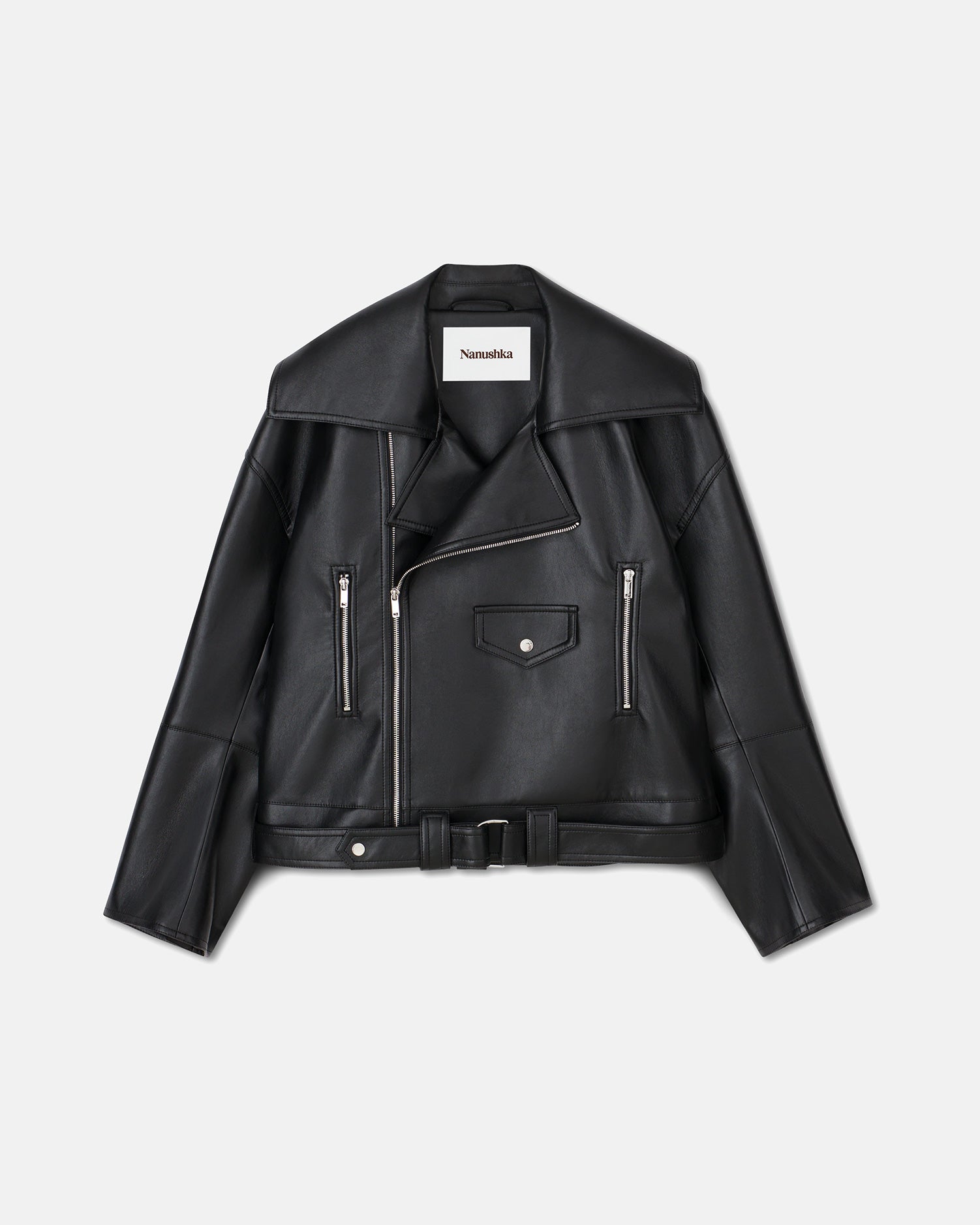 Blouson de motard pour homme en cuir régénéré noir avec accessoires argentés