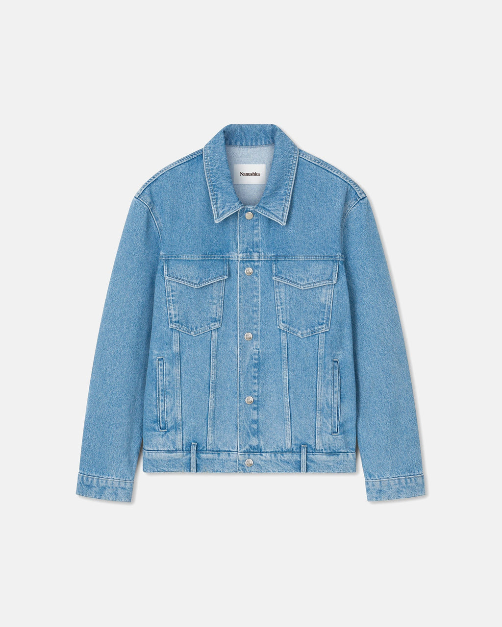Veste en jean éco délavée col pointu multi-poches coupe classique