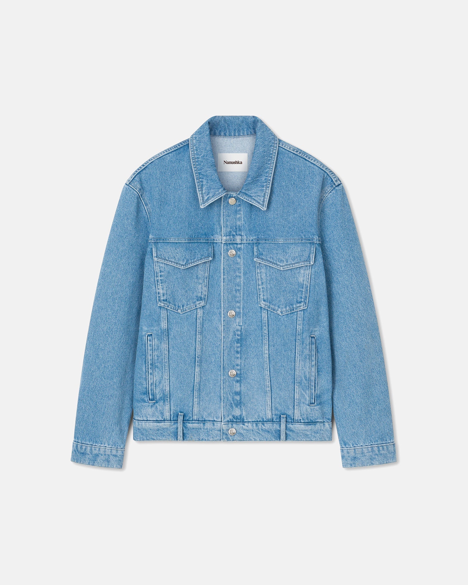 Veste en jean éco délavée col pointu multi-poches coupe classique