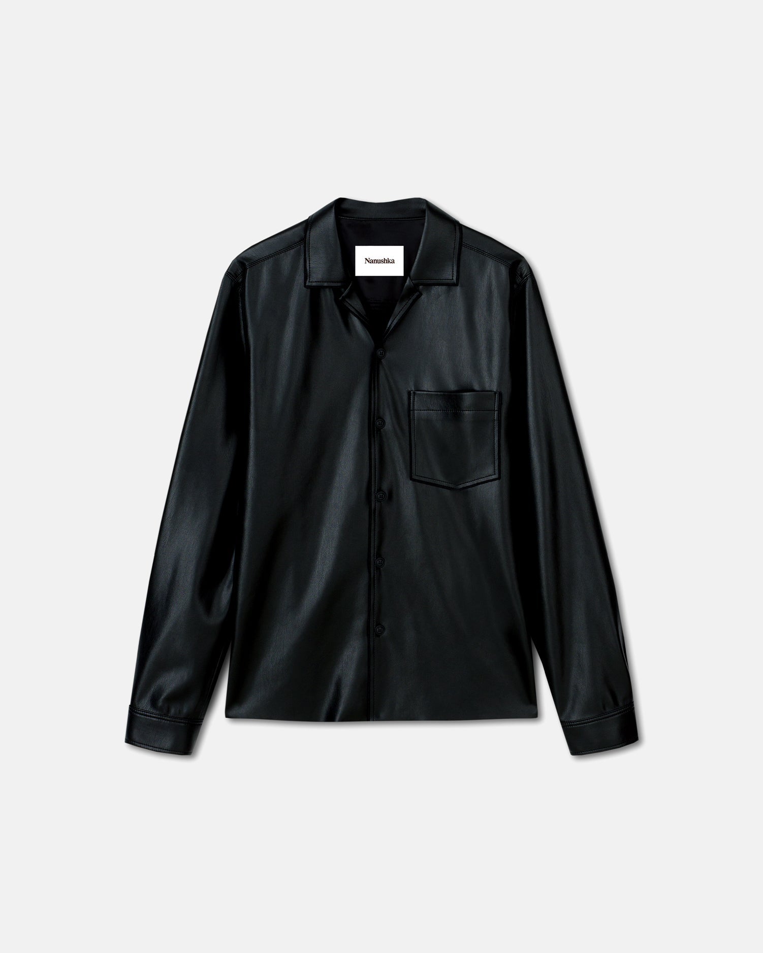 Chemise boutonnée à manches longues en similicuir noir avec poche poitrine pour homme