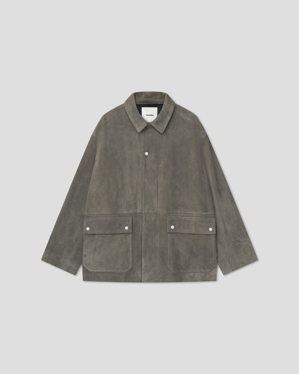 Veste oversize en cuir velours gris foncé avec boutons-pression et poches plaquées