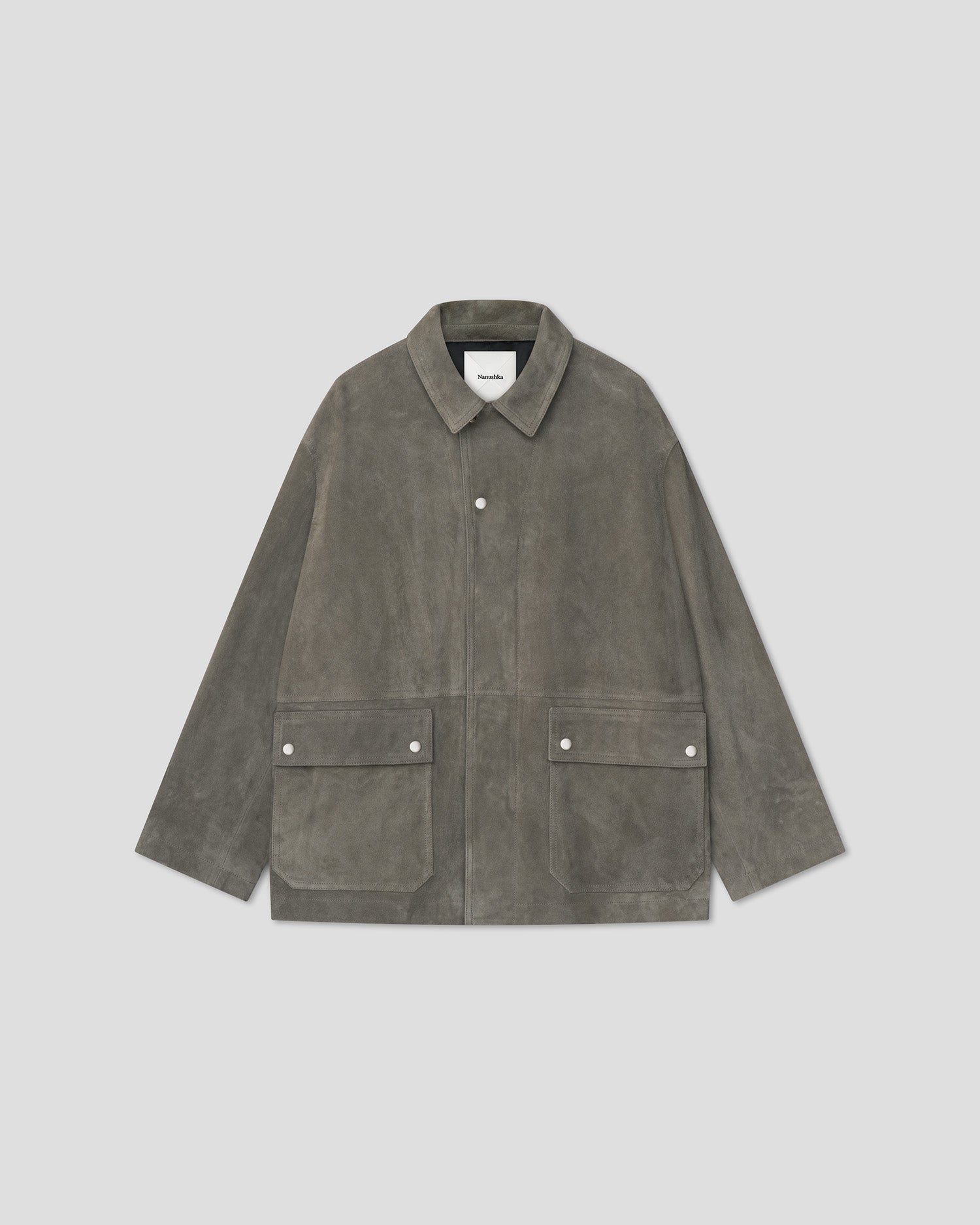 Veste oversize en cuir velours gris foncé avec boutons-pression et poches plaquées