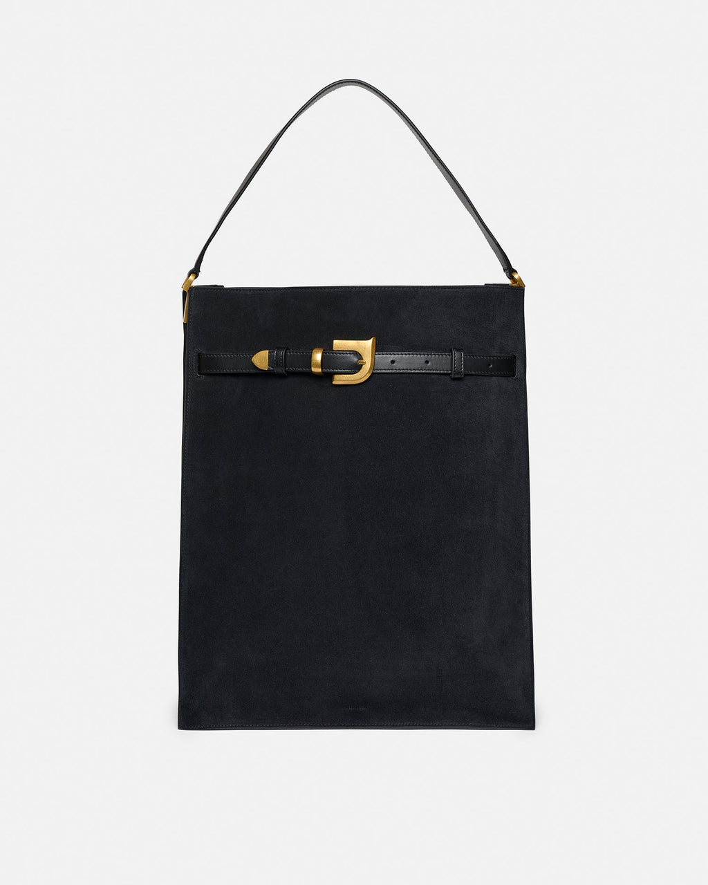 Grand sac cabas structuré en daim noir avec lanière à boucle dorée