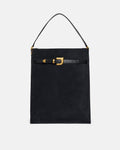 Grand sac cabas structuré en daim noir avec lanière à boucle dorée