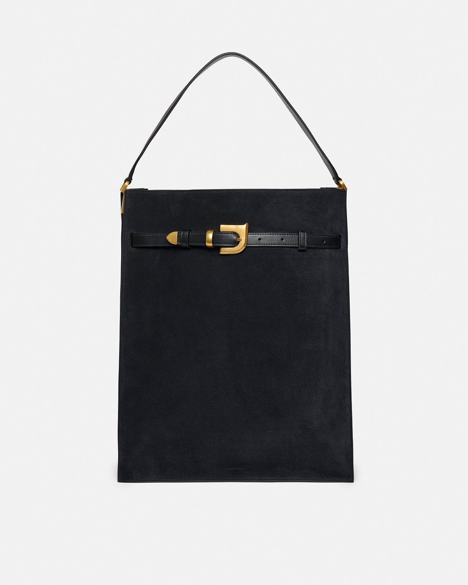 Grand sac cabas structuré en daim noir avec lanière à boucle dorée
