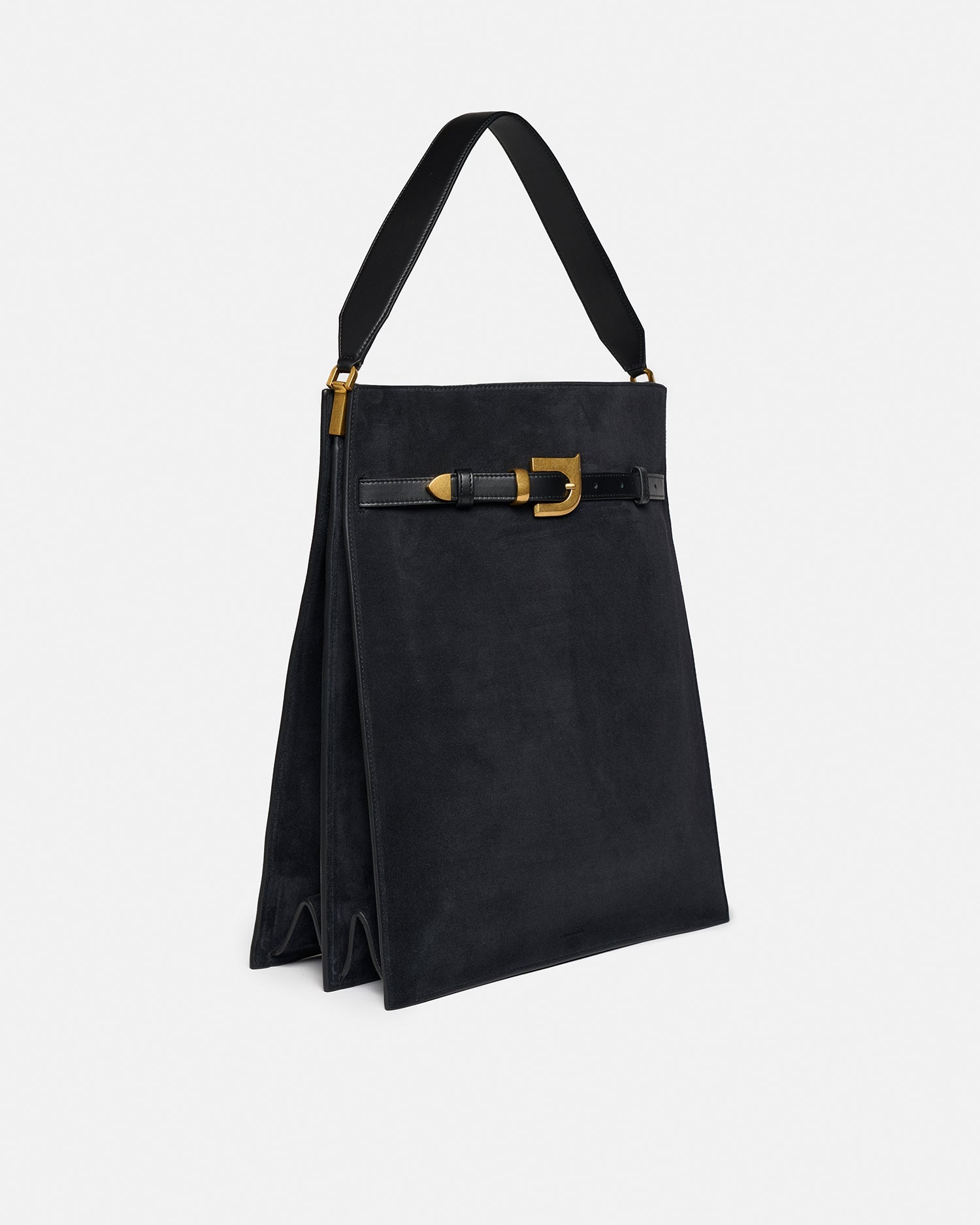 Grand sac cabas structuré en daim noir avec lanière à boucle dorée