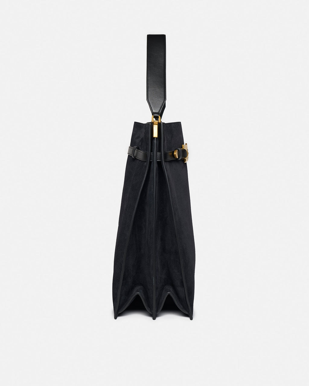 Grand sac cabas structuré en daim noir avec lanière à boucle dorée