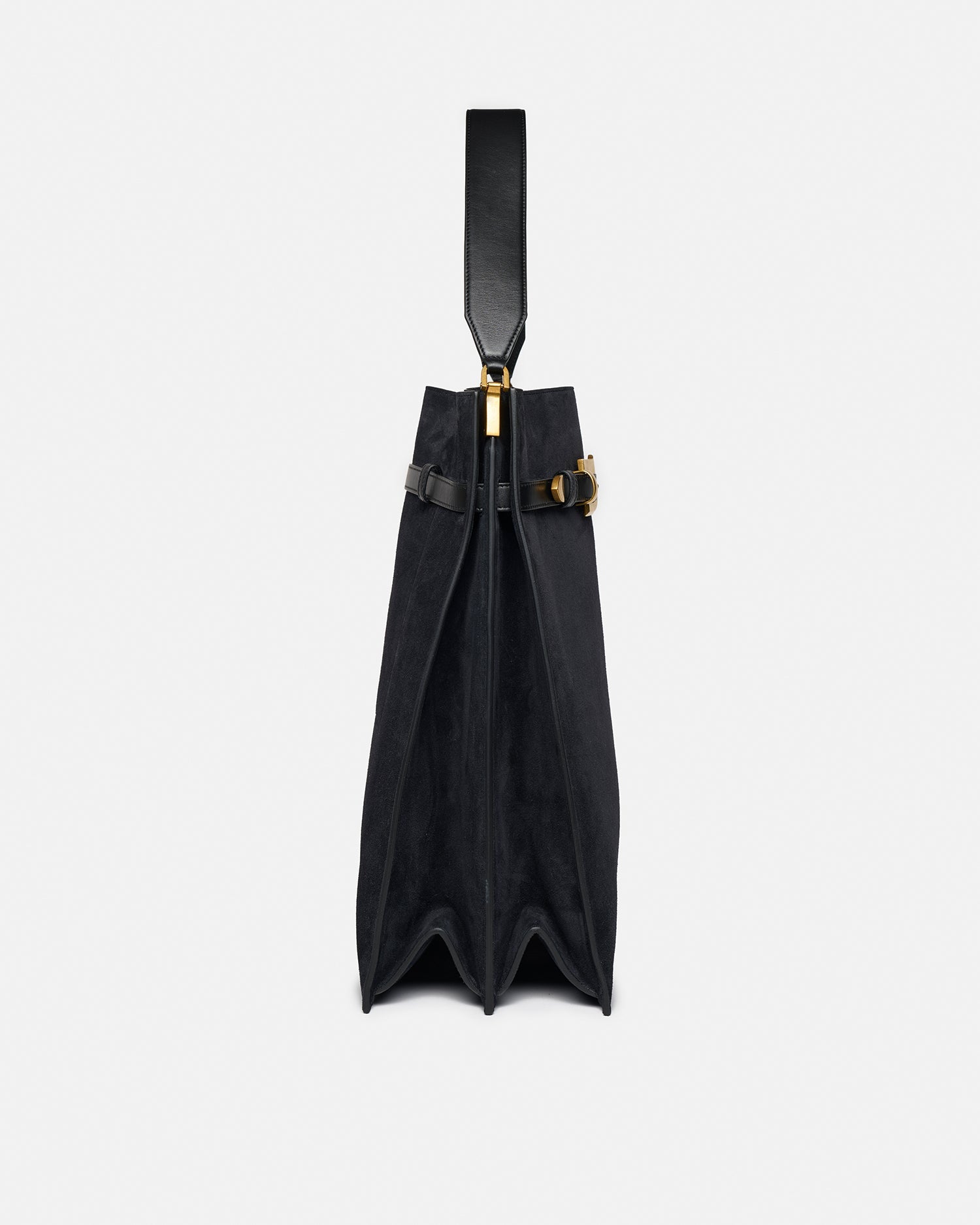 Grand sac cabas structuré en daim noir avec lanière à boucle dorée