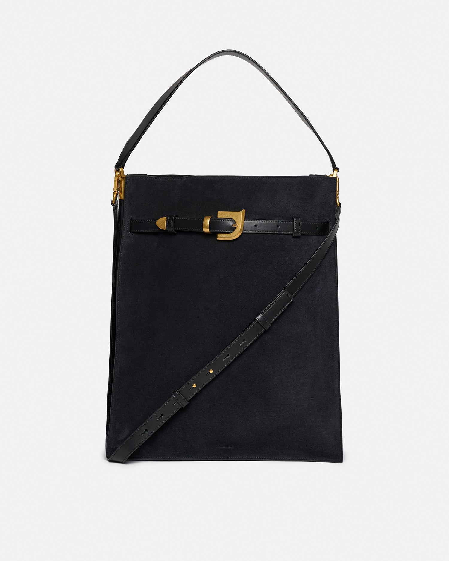 Grand sac cabas structuré en daim noir avec lanière à boucle dorée