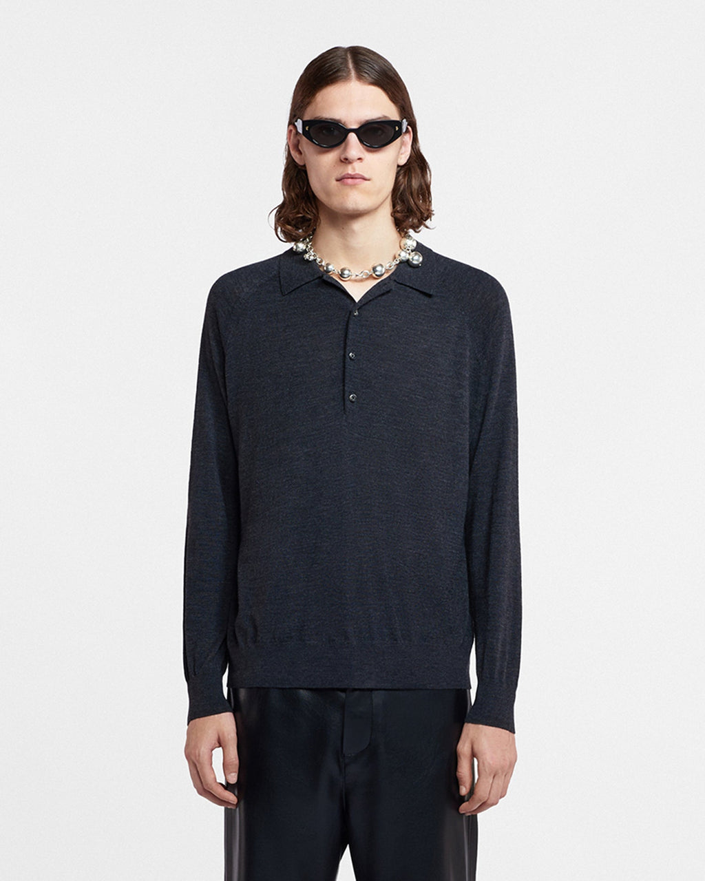 Polo homme en laine mérinos fine anthracite à manches longues