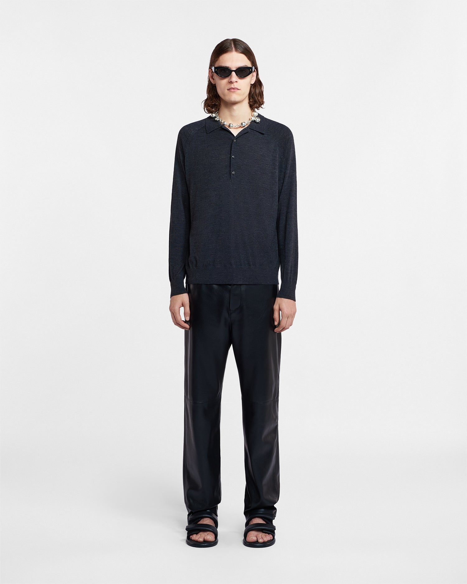 Polo homme en laine mérinos fine anthracite à manches longues