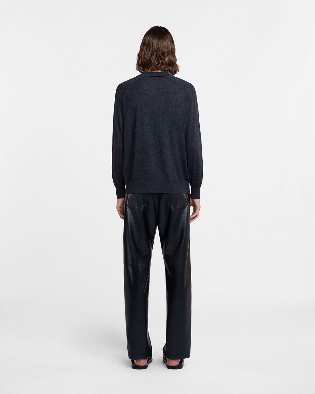 Polo homme en laine mérinos fine anthracite à manches longues