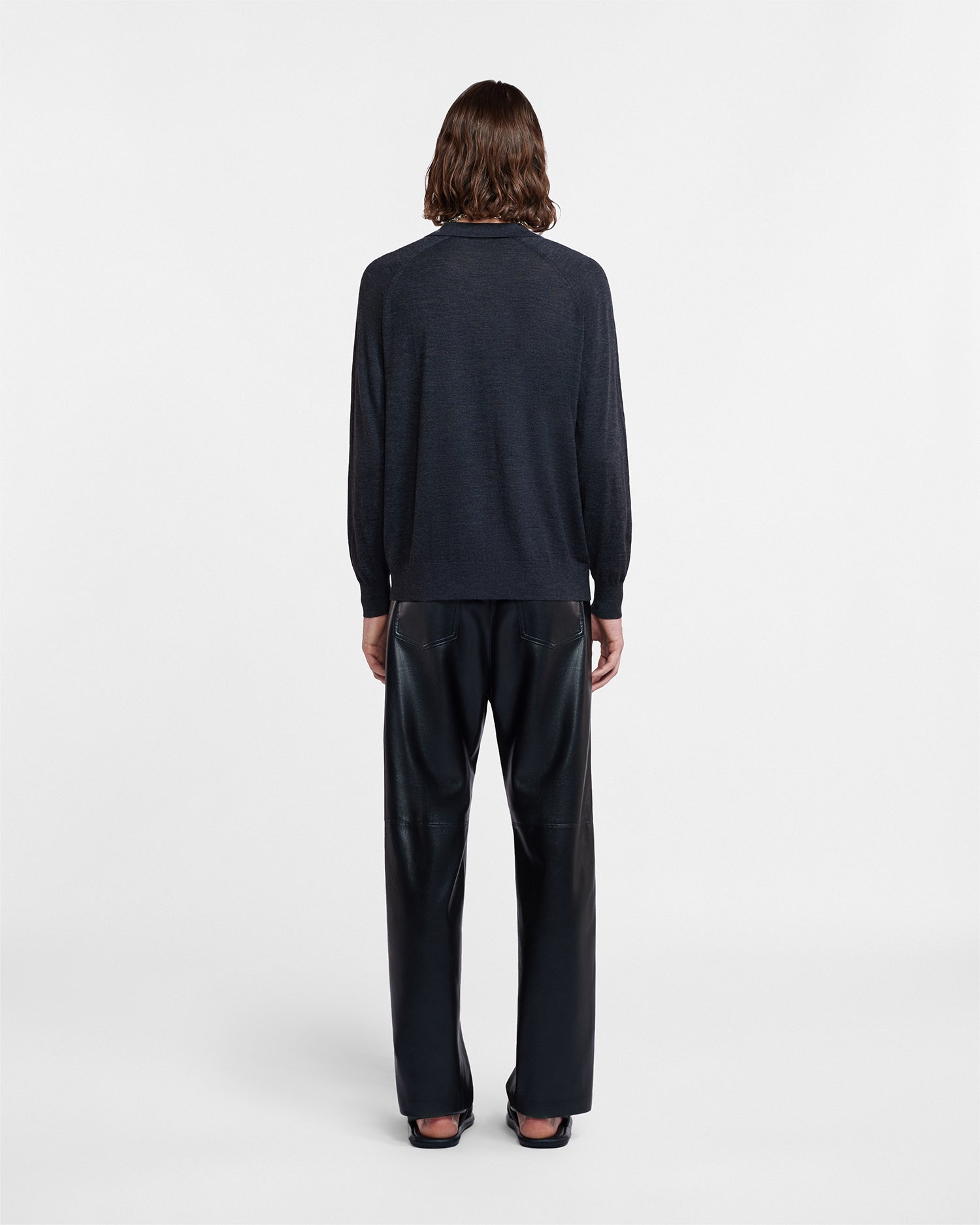 Polo homme en laine mérinos fine anthracite à manches longues