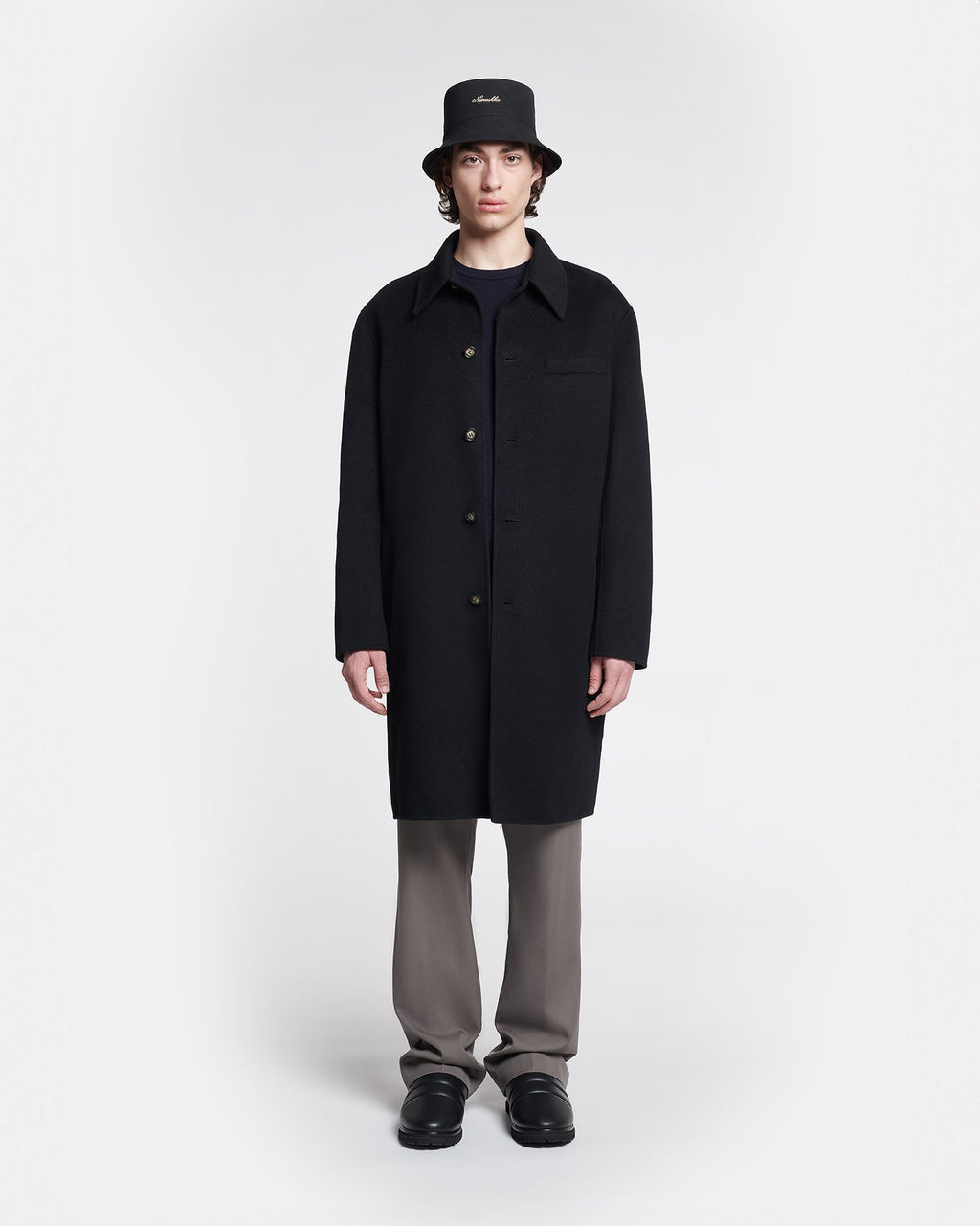 Manteau Long Oversize Noir en Laine et Soie Mélangées à Double Boutonnage