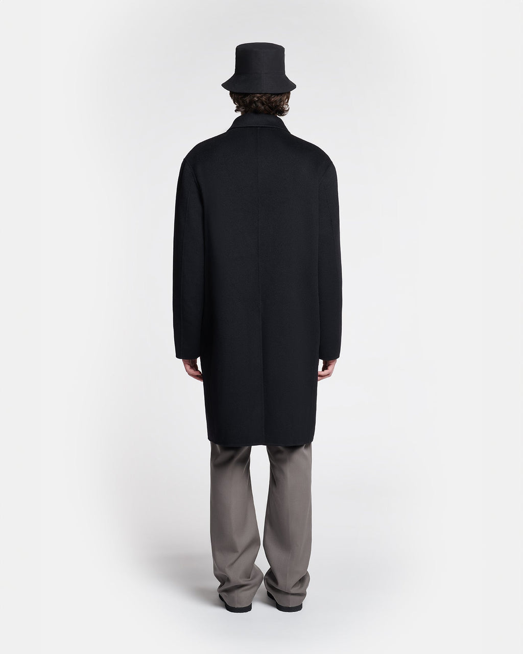 Manteau Long Oversize Noir en Laine et Soie Mélangées à Double Boutonnage