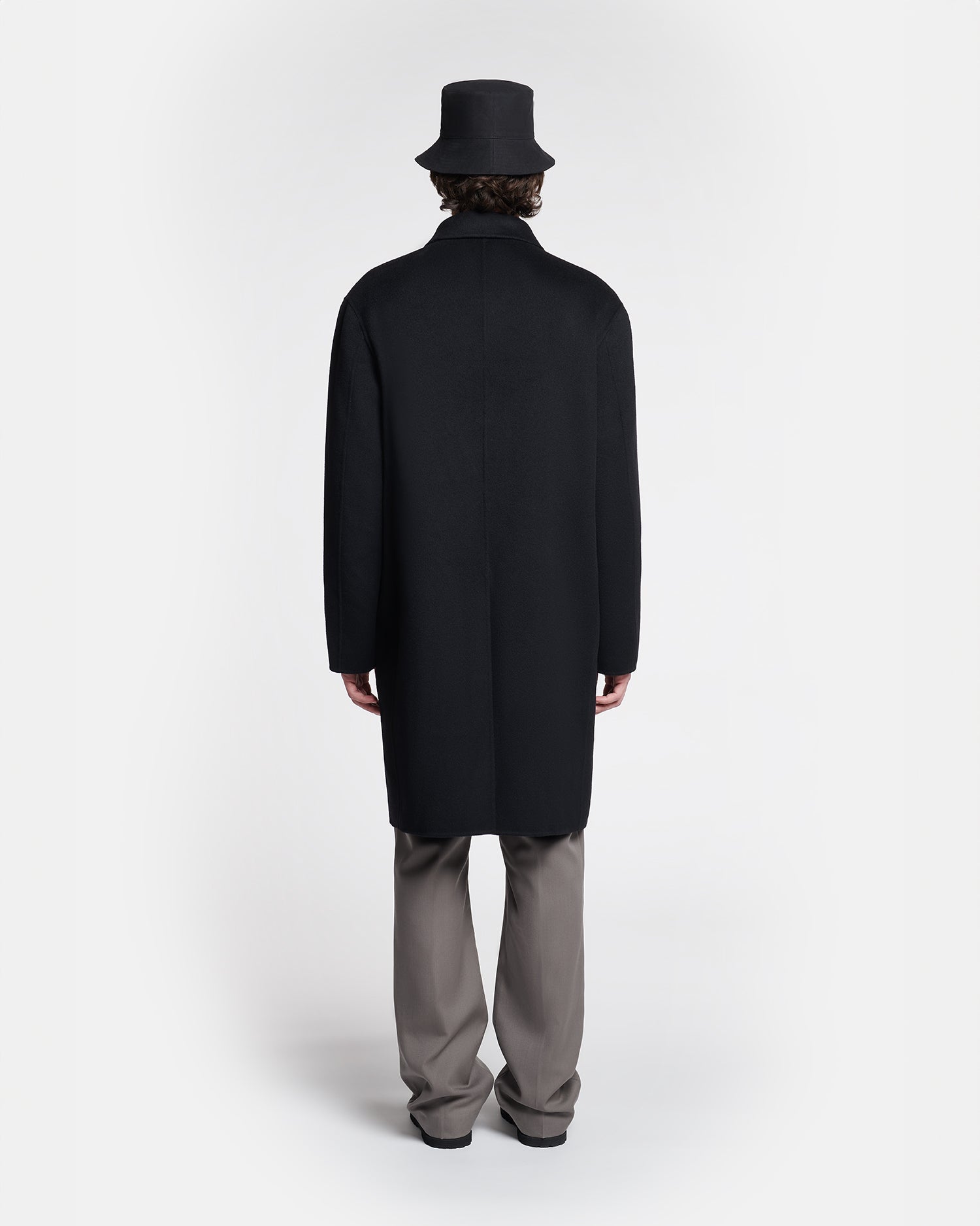 Manteau Long Oversize Noir en Laine et Soie Mélangées à Double Boutonnage