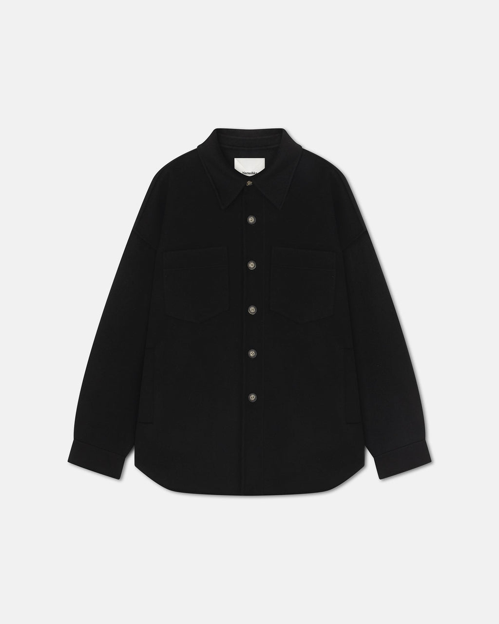 Veste surchemise boutonnée en double laine et soie noire oversize pour homme
