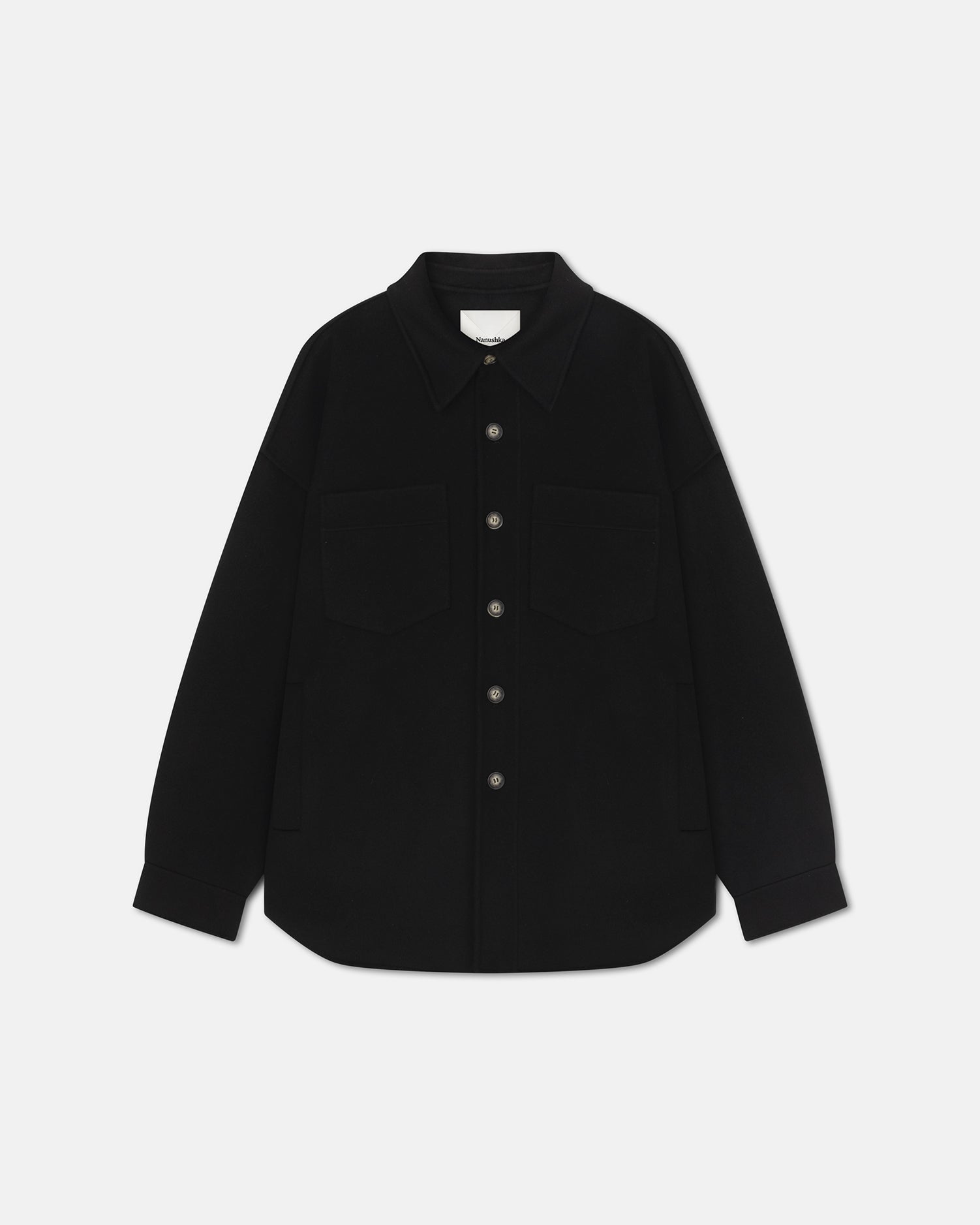 Veste surchemise boutonnée en double laine et soie noire oversize pour homme