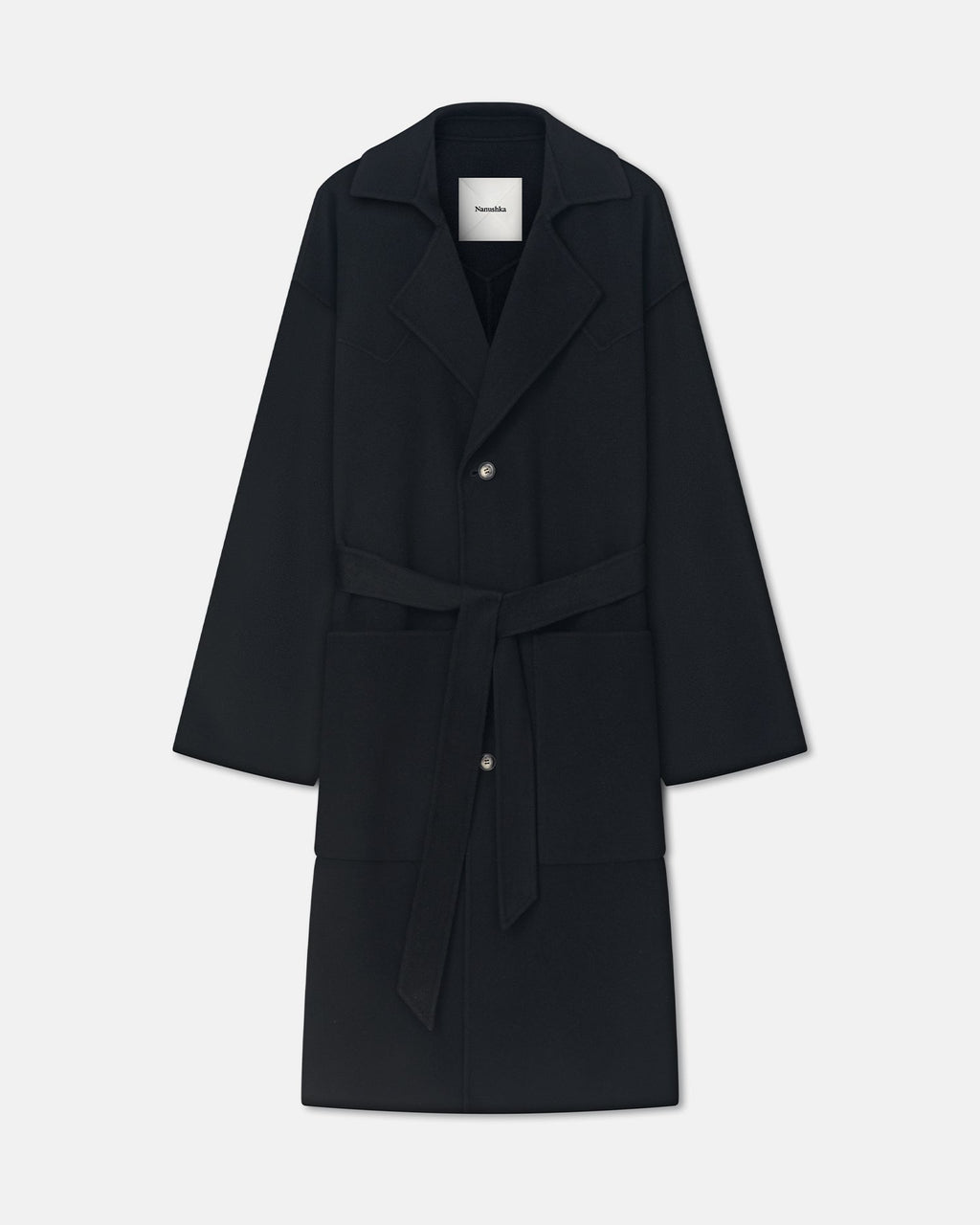Robe longue décontractée en mélange laine et soie noire avec ceinture