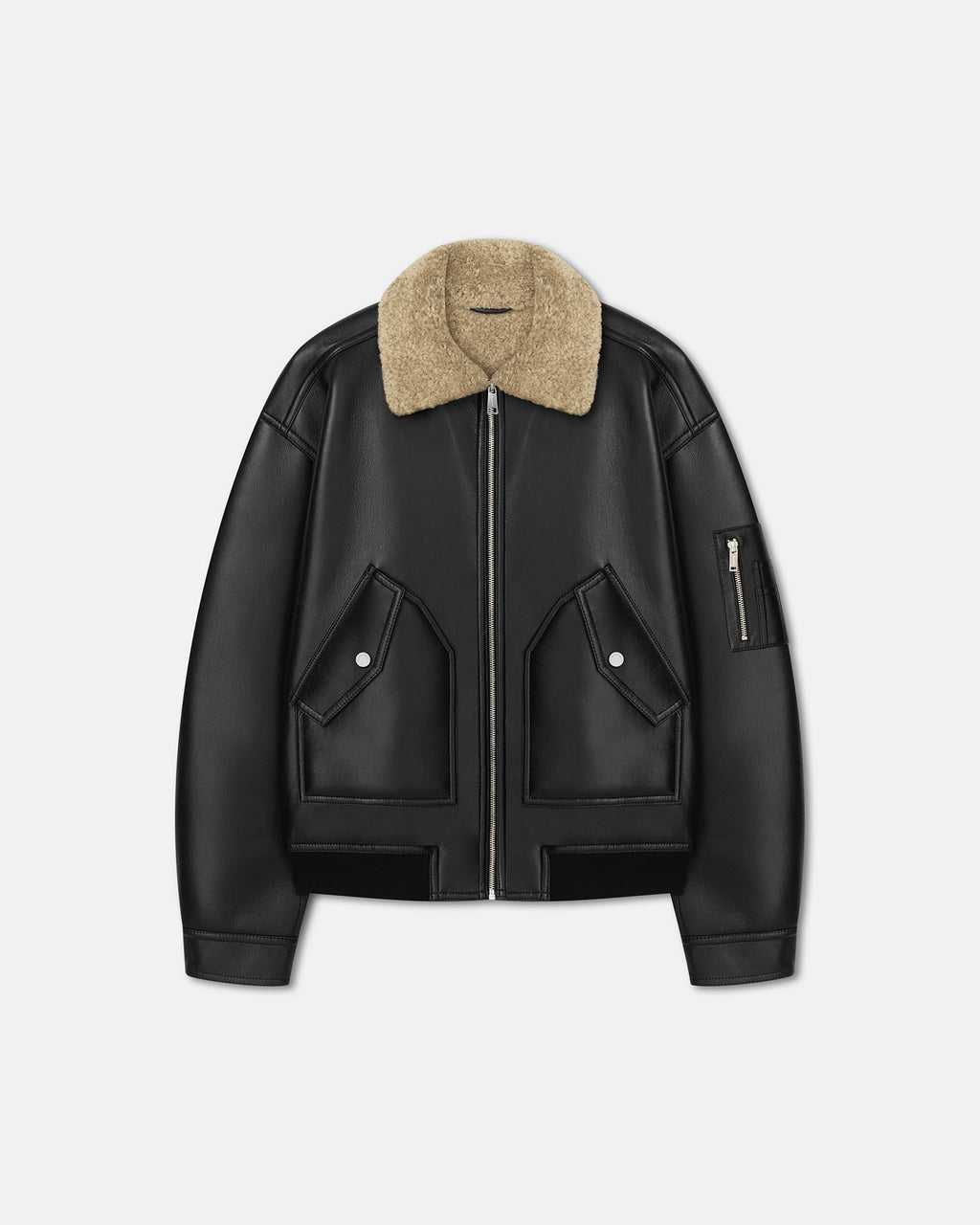 Blouson d'aviateur oversize en shearling contrecollé noir à col Cornstalk