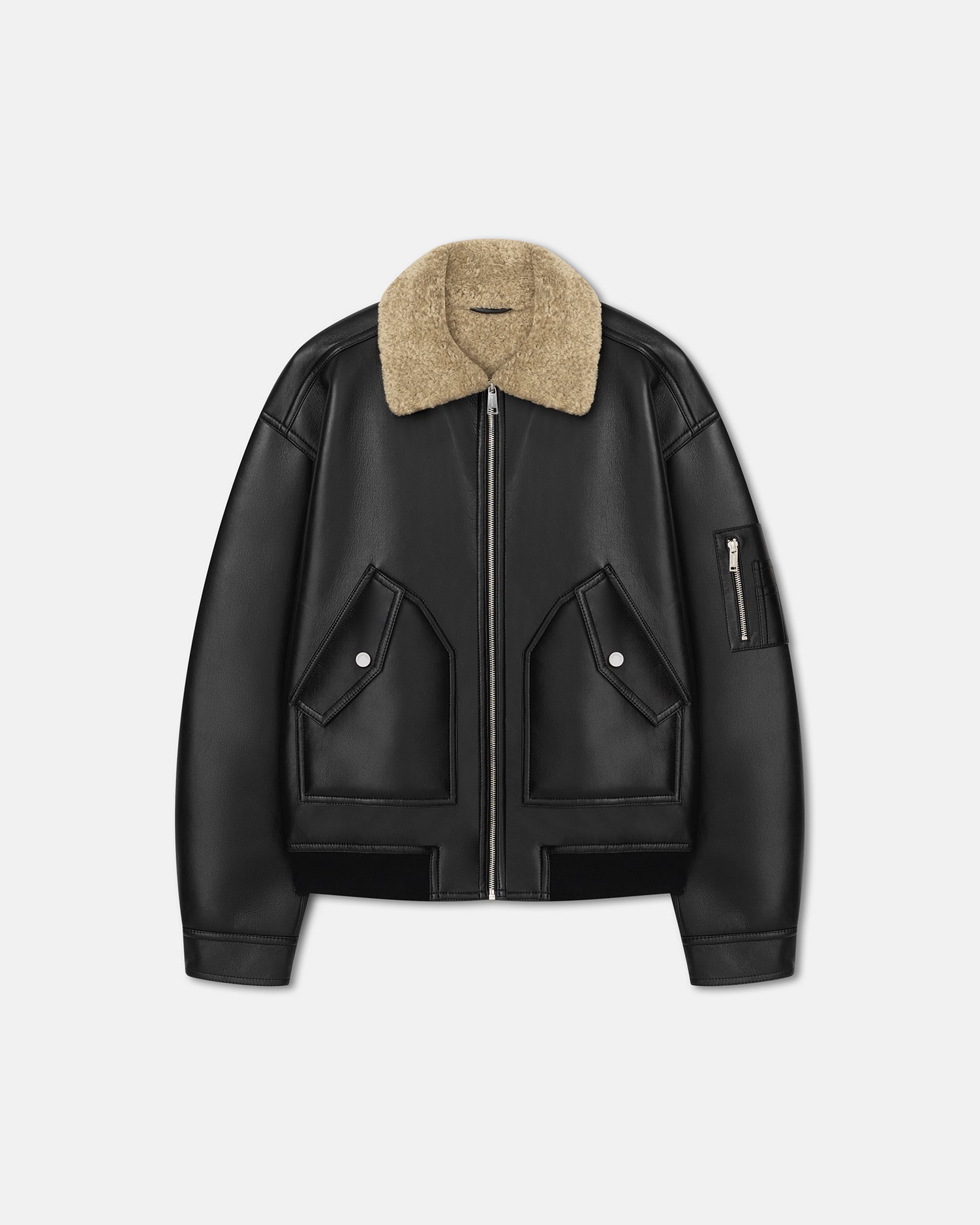 Blouson d'aviateur oversize en shearling contrecollé noir à col Cornstalk