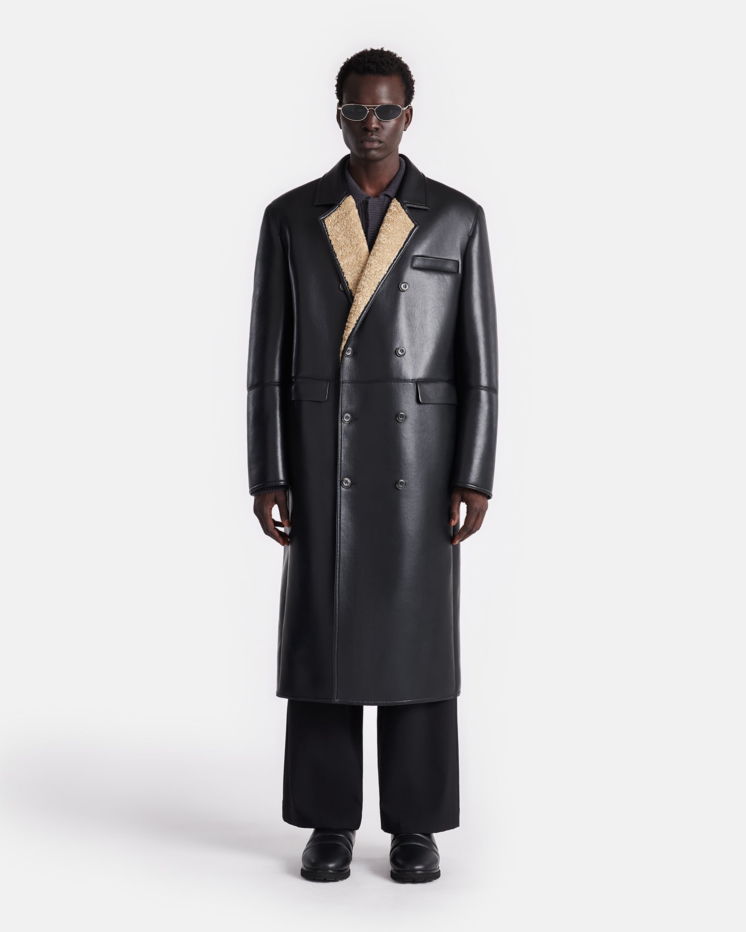 Manteau long homme en shearling double boutonnage surdimensionné collé noir Cornstalk