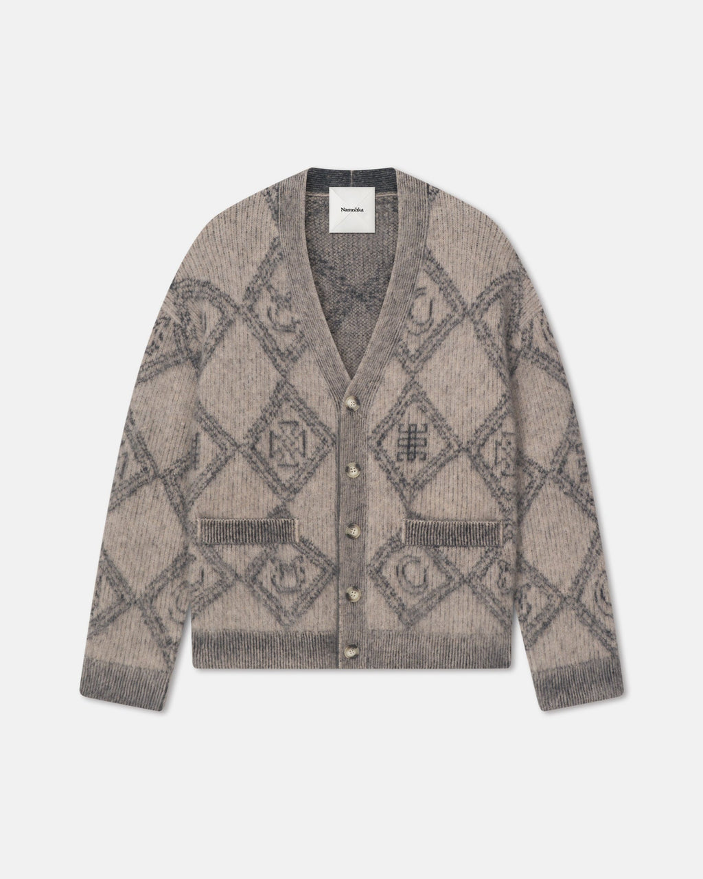 Gilet oversize à col en V en alpaga brossé, motif jacquard losanges, boutonnage complet, coloris gris avoine