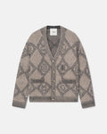 Gilet oversize à col en V en alpaga brossé, motif jacquard losanges, boutonnage complet, coloris gris avoine