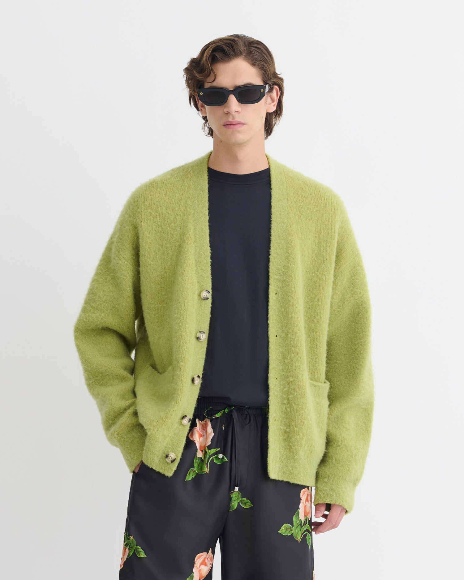 Cardigan surdimensionné en alpaga brossé vert vif pour homme