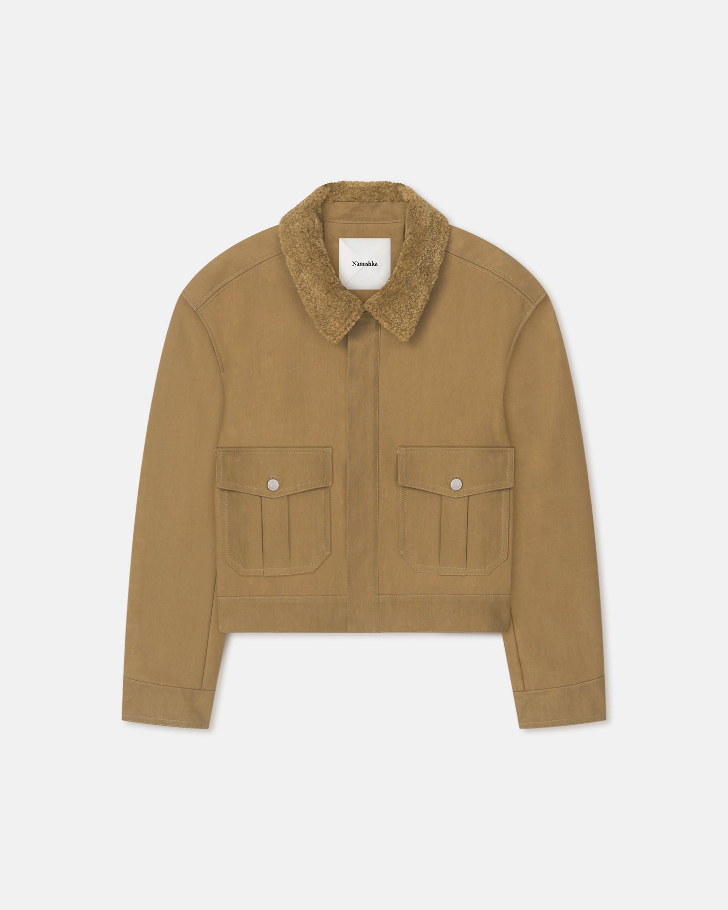 Veste en coton huilé kaki jaune pour homme avec col en fausse fourrure de mouton