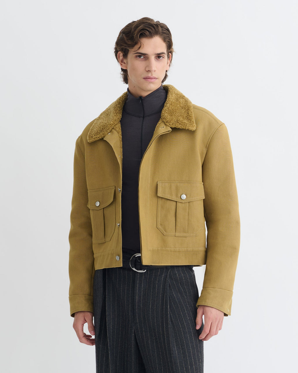 Veste en coton huilé kaki jaune pour homme avec col en fausse fourrure de mouton