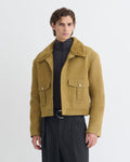 Veste en coton huilé kaki jaune pour homme avec col en fausse fourrure de mouton