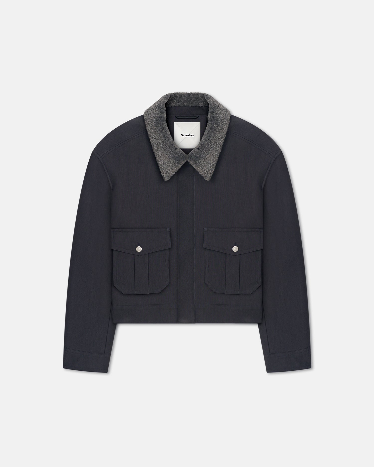 Veste oversize en coton ciré graphite avec col en fausse peau de mouton