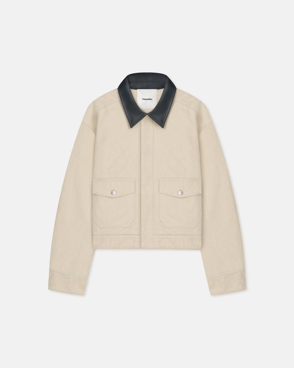 Veste en jean oversize beige avec col en cuir noir homme