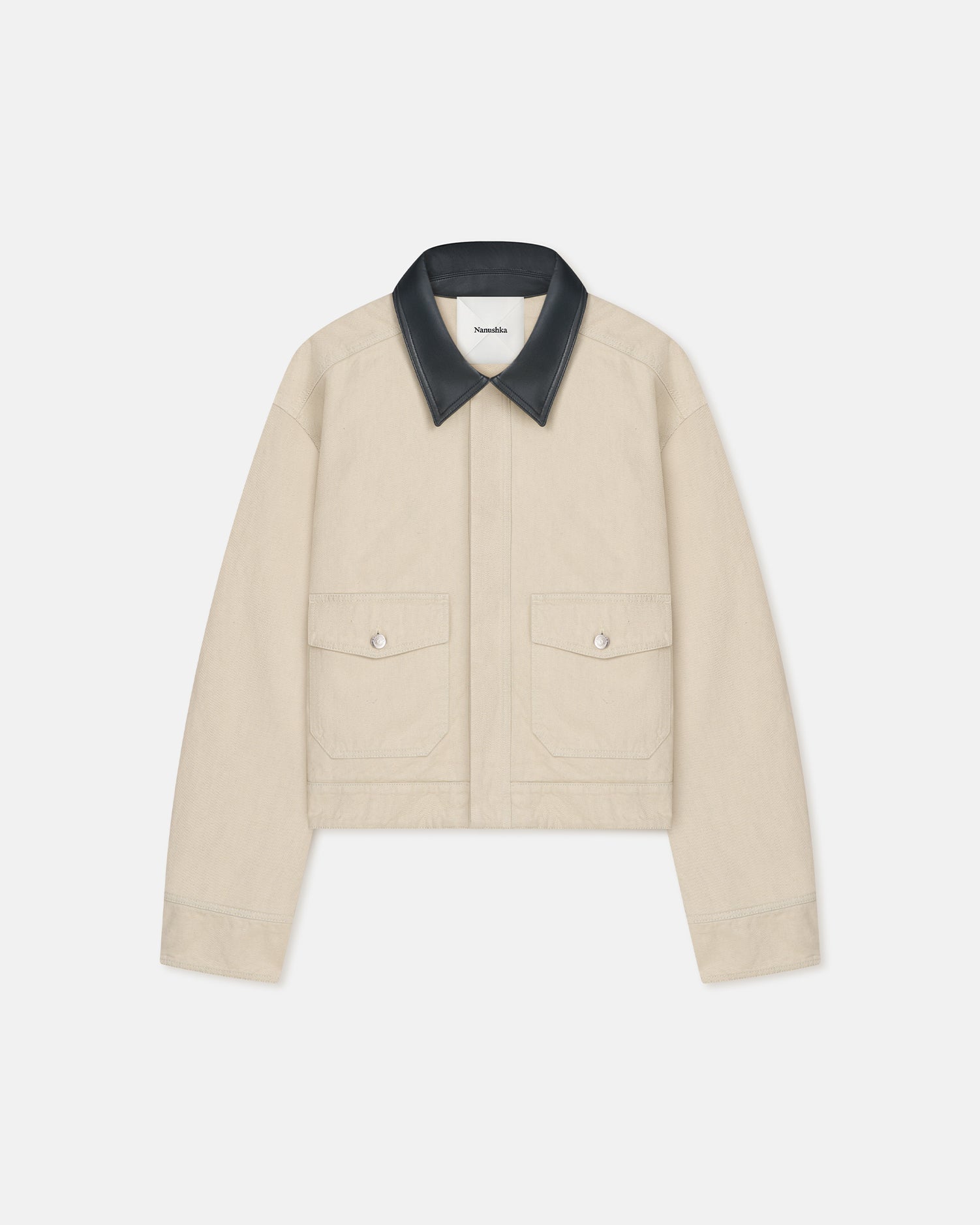 Veste en jean oversize beige avec col en cuir noir homme