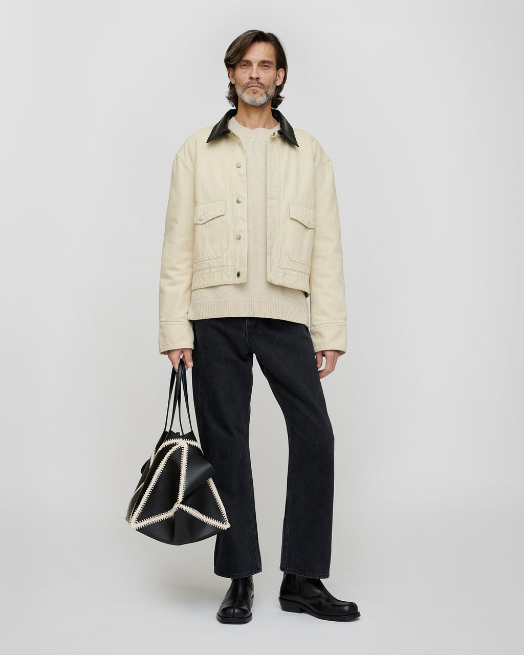 Veste en jean oversize beige avec col en cuir noir homme
