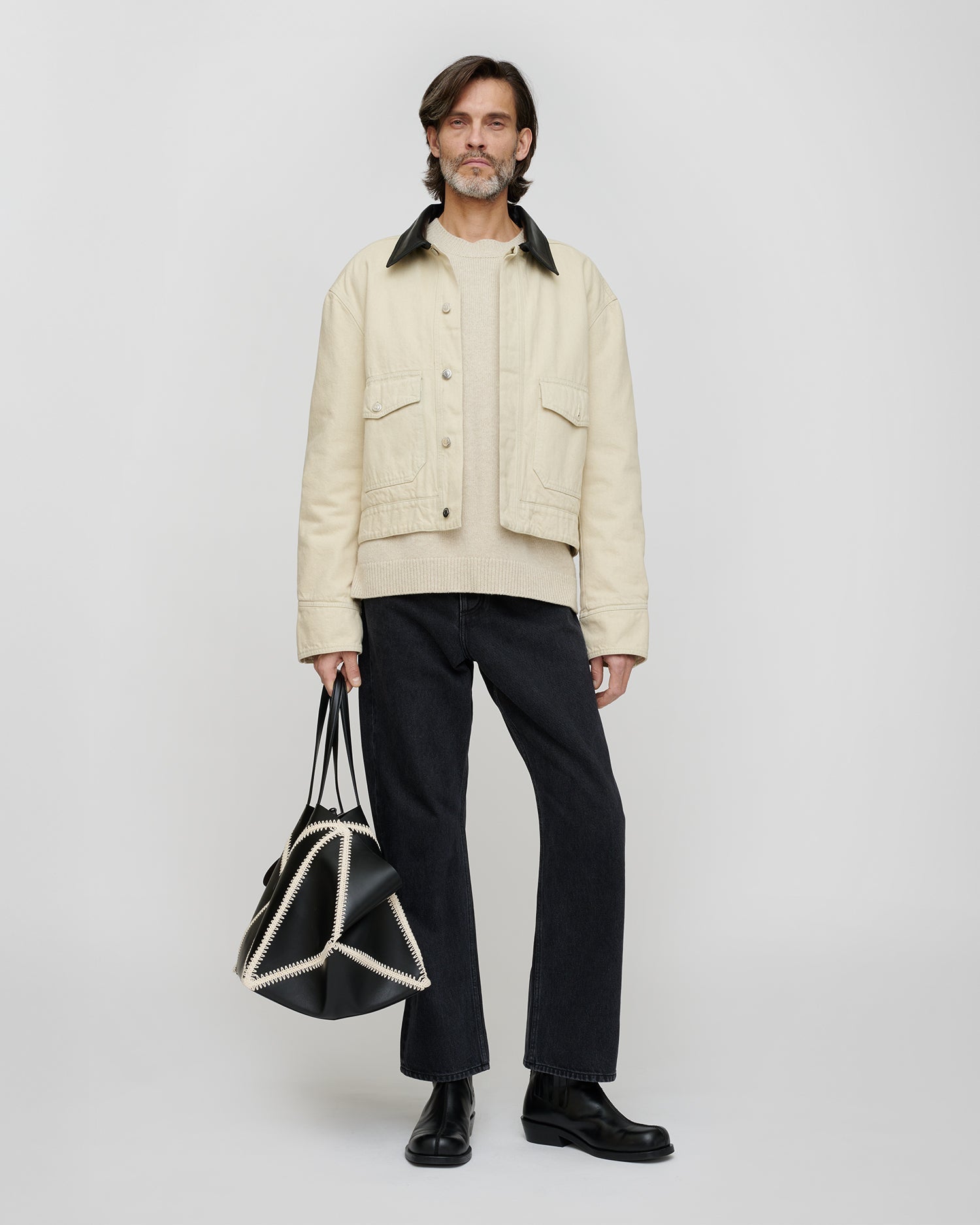 Veste en jean oversize beige avec col en cuir noir homme