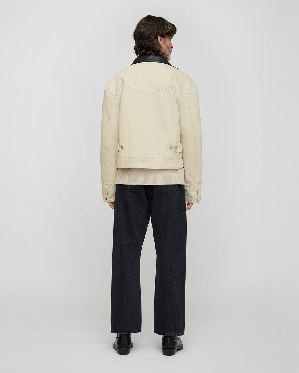 Veste en jean oversize beige avec col en cuir noir homme