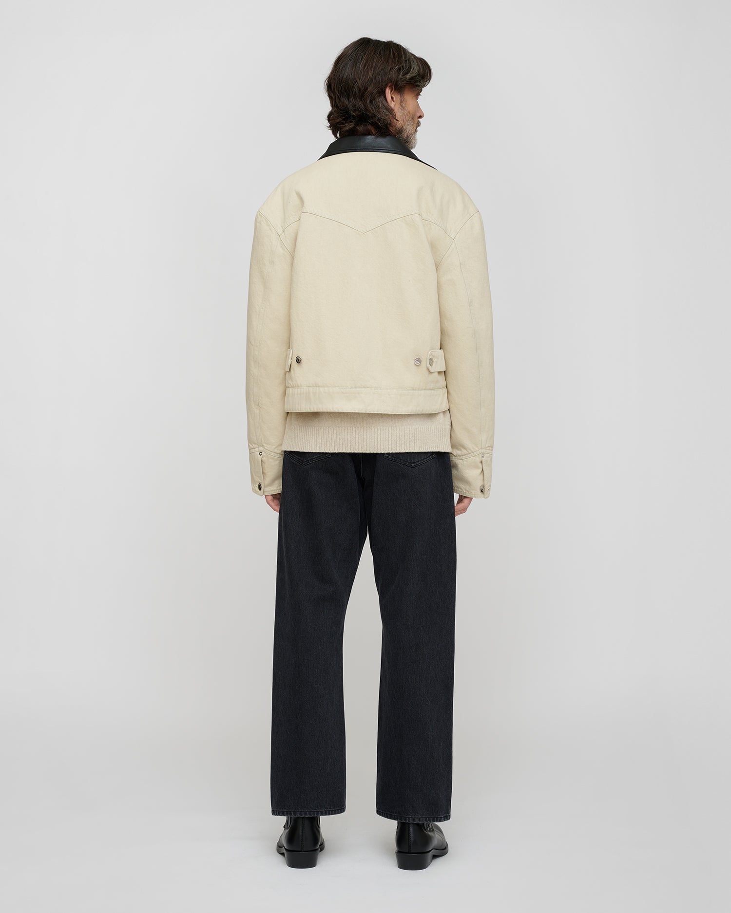 Veste en jean oversize beige avec col en cuir noir homme