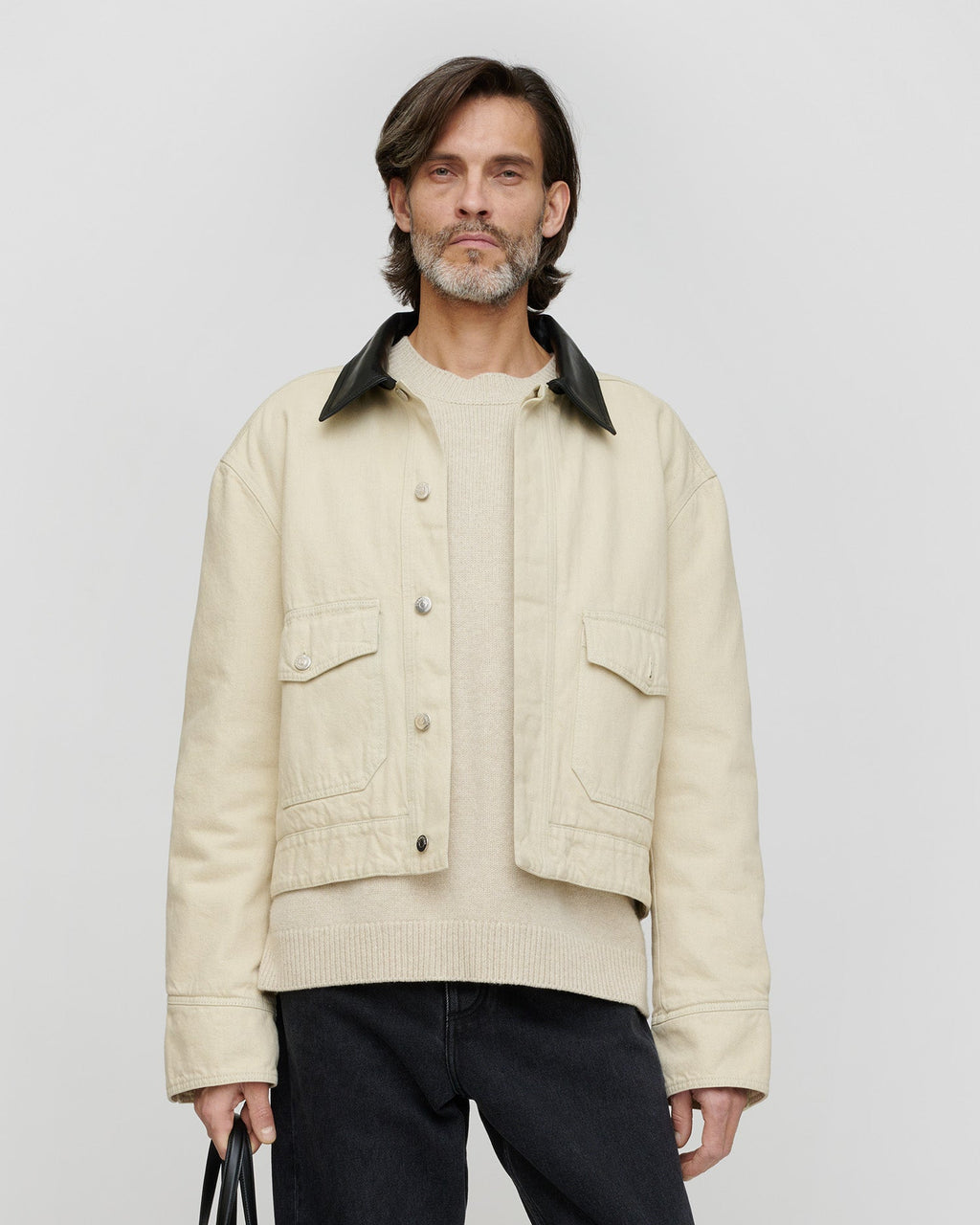 Veste en jean oversize beige avec col en cuir noir homme