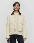 Veste en jean oversize beige avec col en cuir noir homme