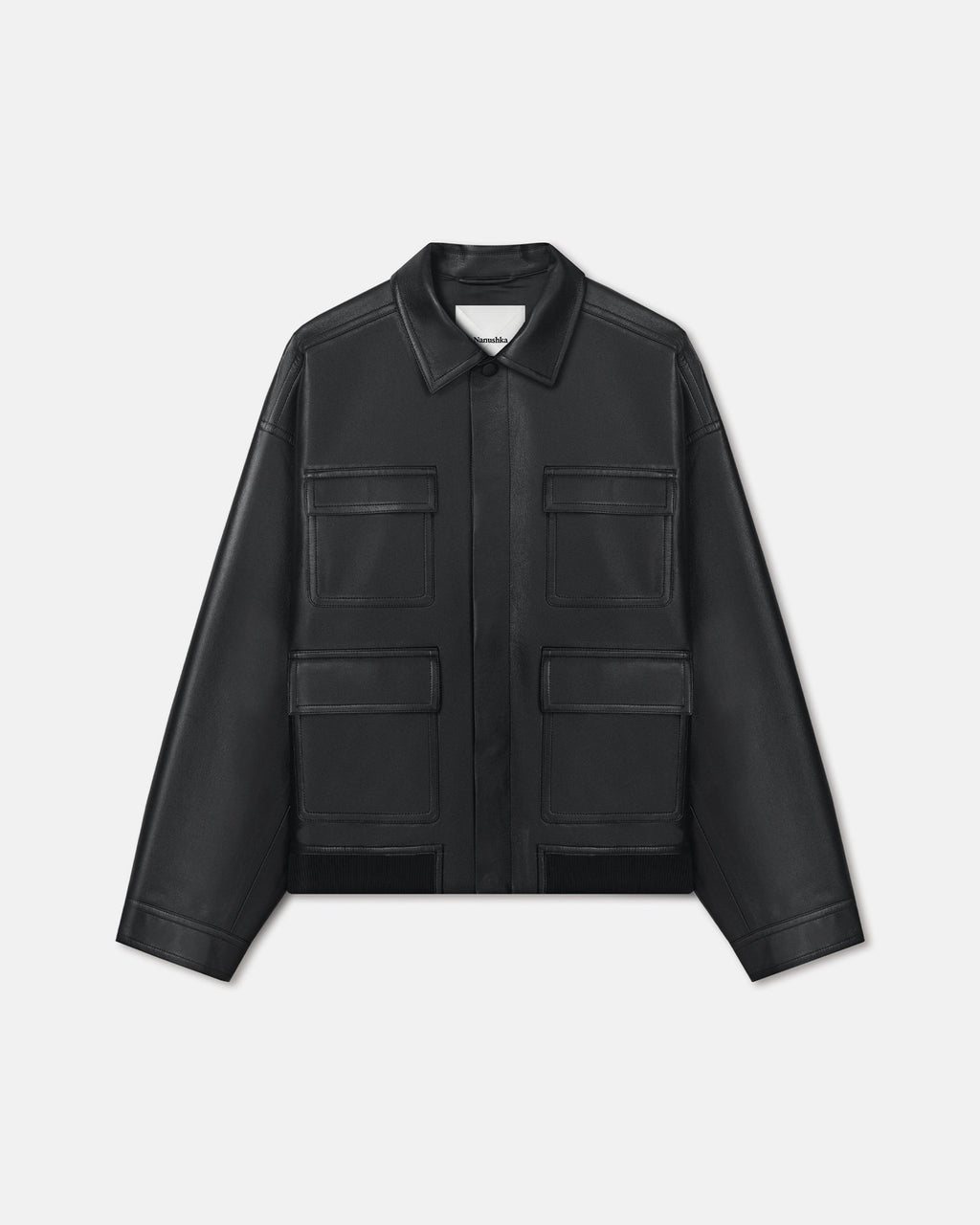 Blouson homme ample en cuir régénéré noir, multipoches, taille élastiquée