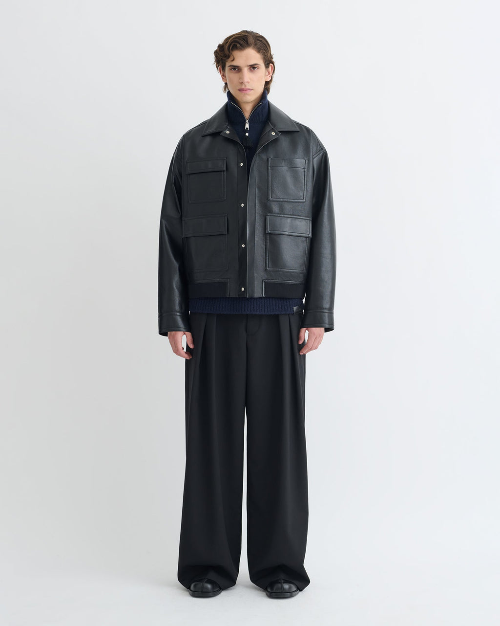 Blouson homme ample en cuir régénéré noir, multipoches, taille élastiquée