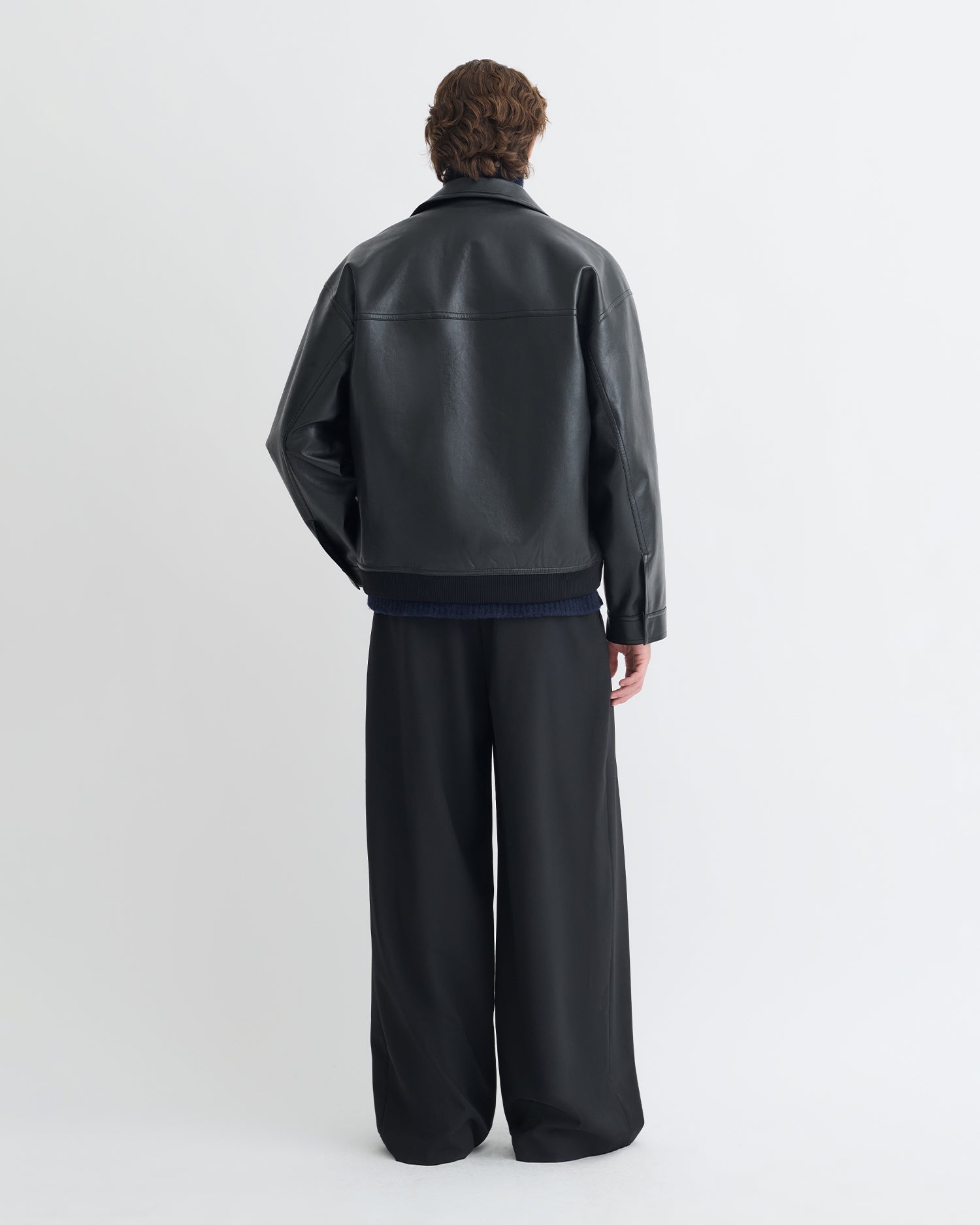 Blouson homme ample en cuir régénéré noir, multipoches, taille élastiquée