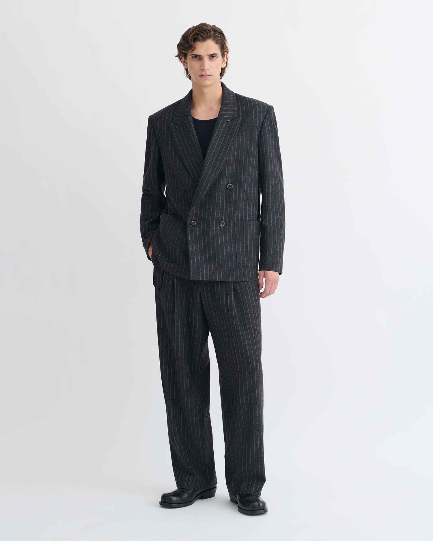 Veste de blazer oversize en laine à rayures craie, croisée, noir et gris