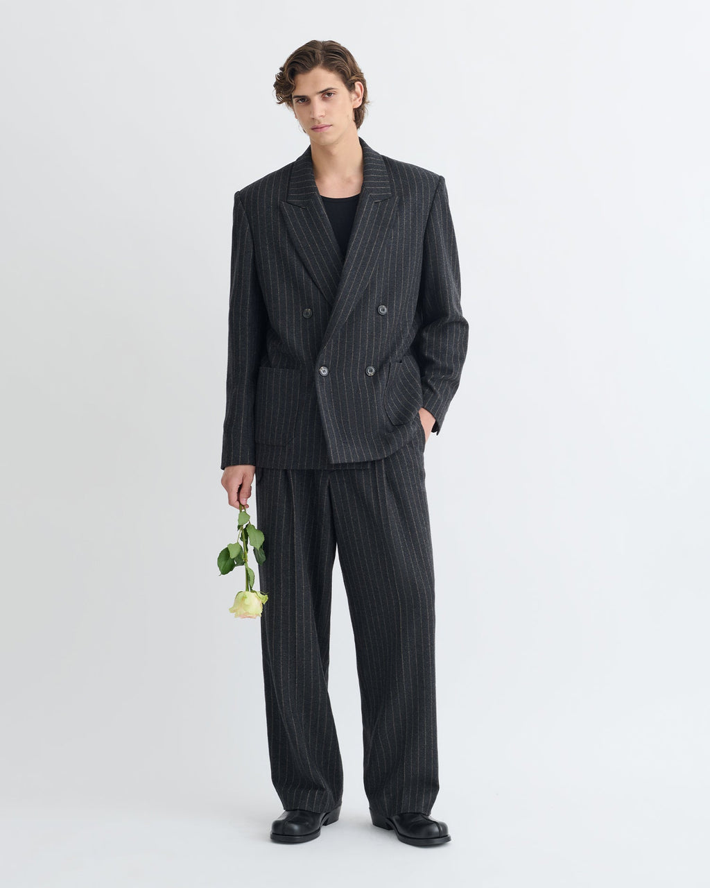 Veste de blazer oversize en laine à rayures craie, croisée, noir et gris