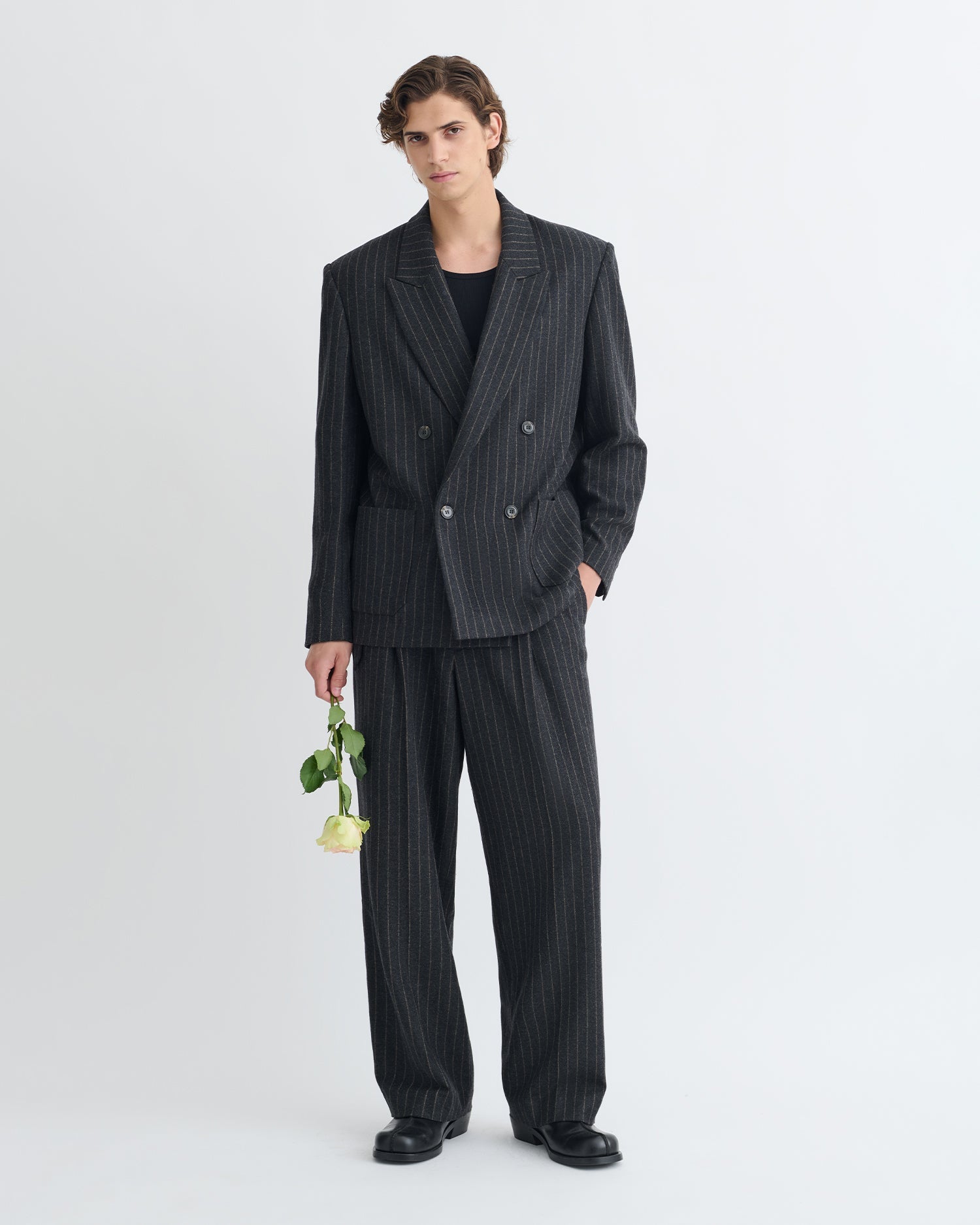 Veste de blazer oversize en laine à rayures craie, croisée, noir et gris