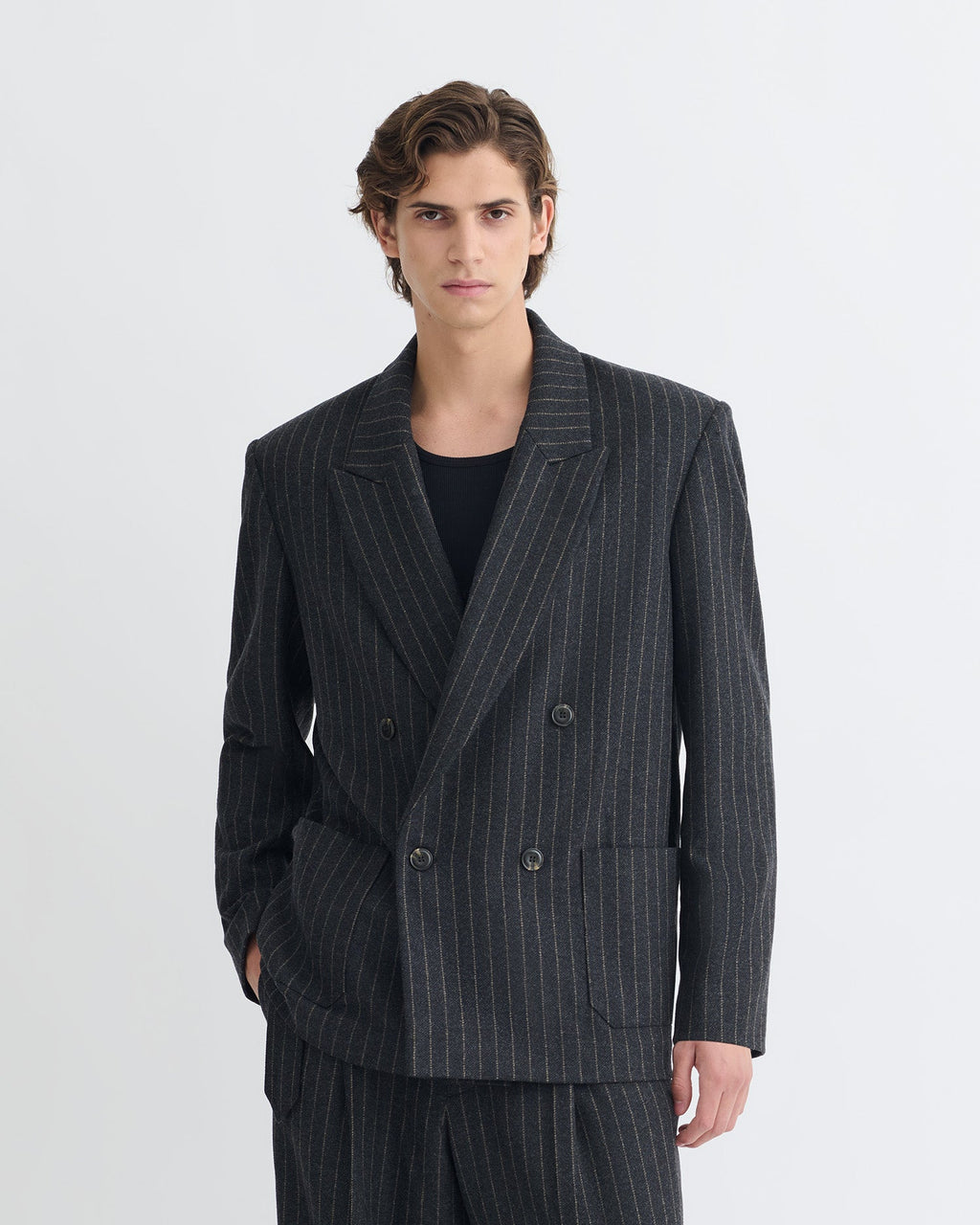 Veste de blazer oversize en laine à rayures craie, croisée, noir et gris