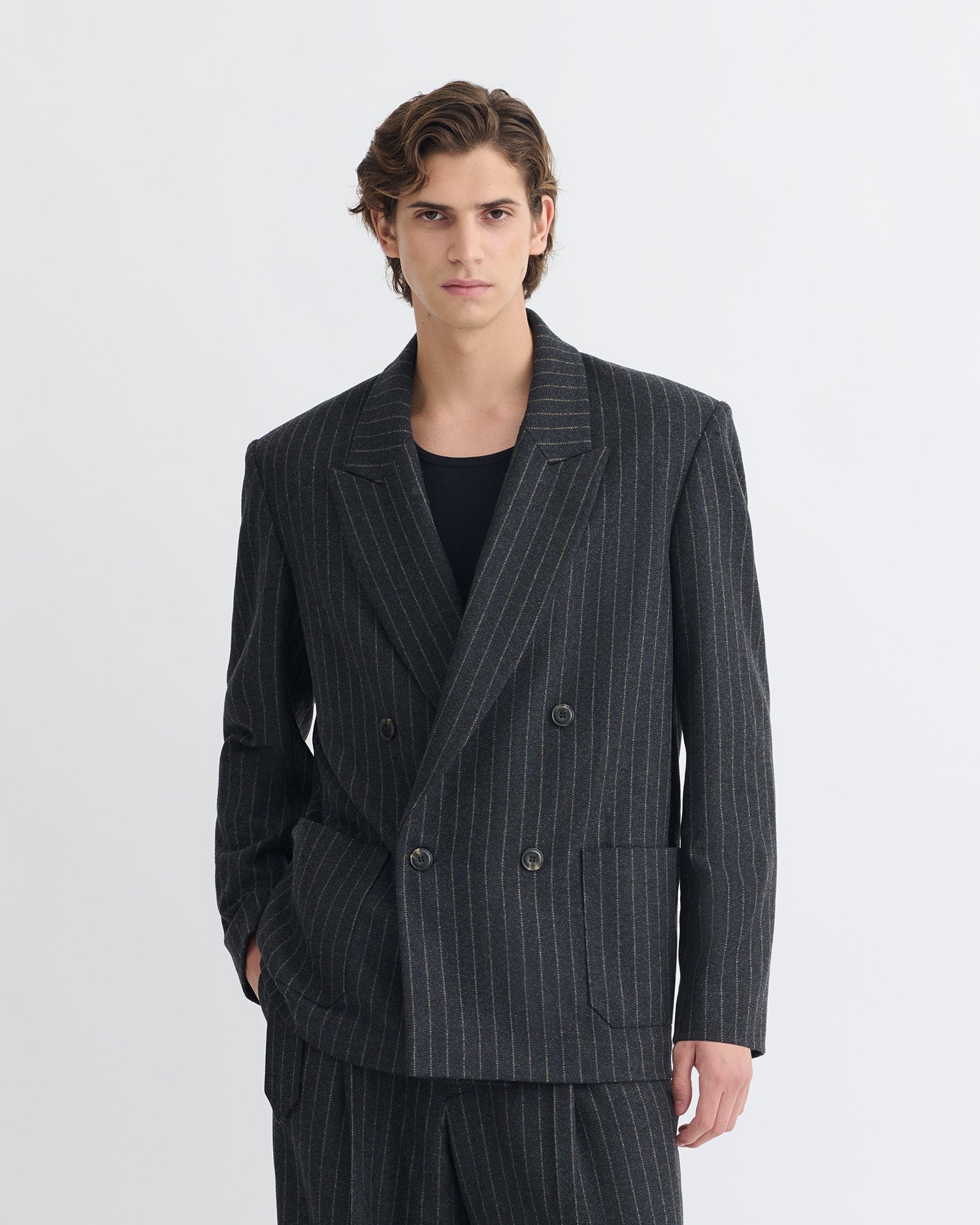Veste de blazer oversize en laine à rayures craie, croisée, noir et gris